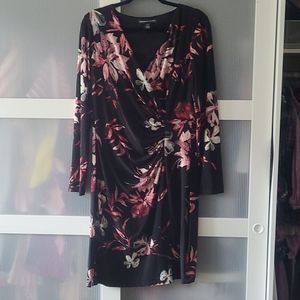 Ruched Faux Wrap Long Sleeved Dress